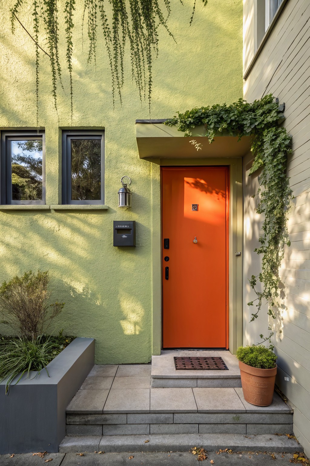 Pale green stucco house exterior with vivid orange front door, ivy climbing walls and overhang, black-framed windows, wall lantern, mailbox, potted plants, and stone entry steps.