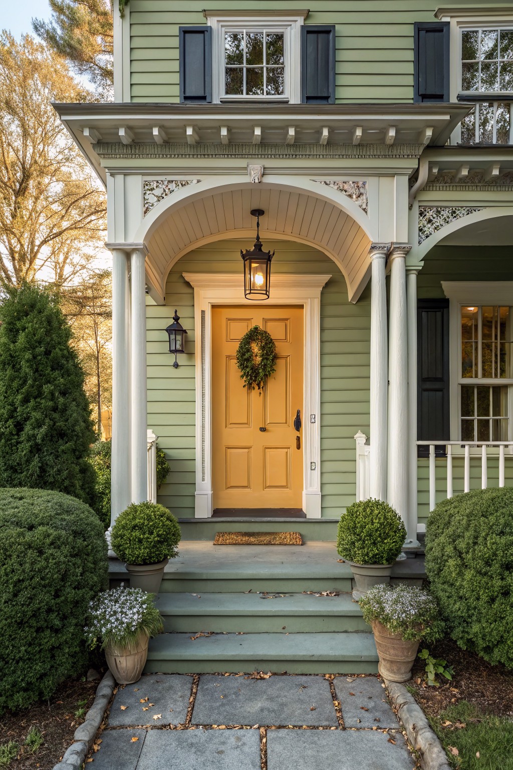 Sage green clapboard house with yellow front door, white porch columns and trim, black shutters, lanterns, wreath on door, boxwood topiaries, and stone path at entry.