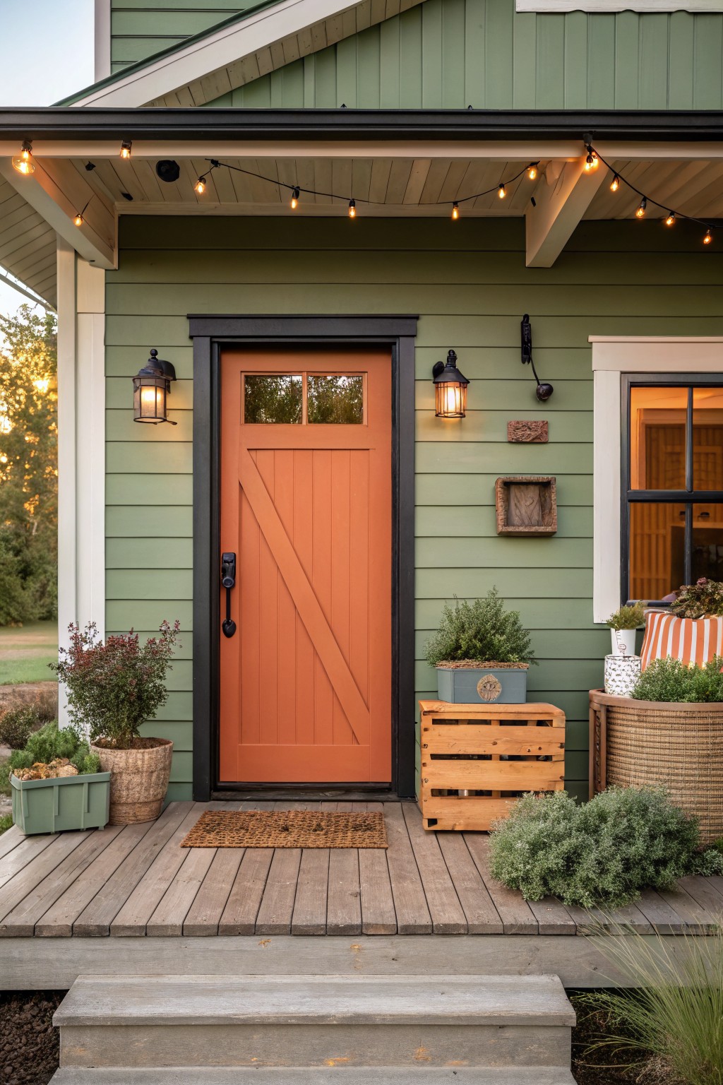 Front view of a sage green house exterior featuring a burnt orange barn-style wood door with glass panels and black frame, flanked by black lanterns, potted plants on a wooden porch, string lights overhead, and concrete steps.