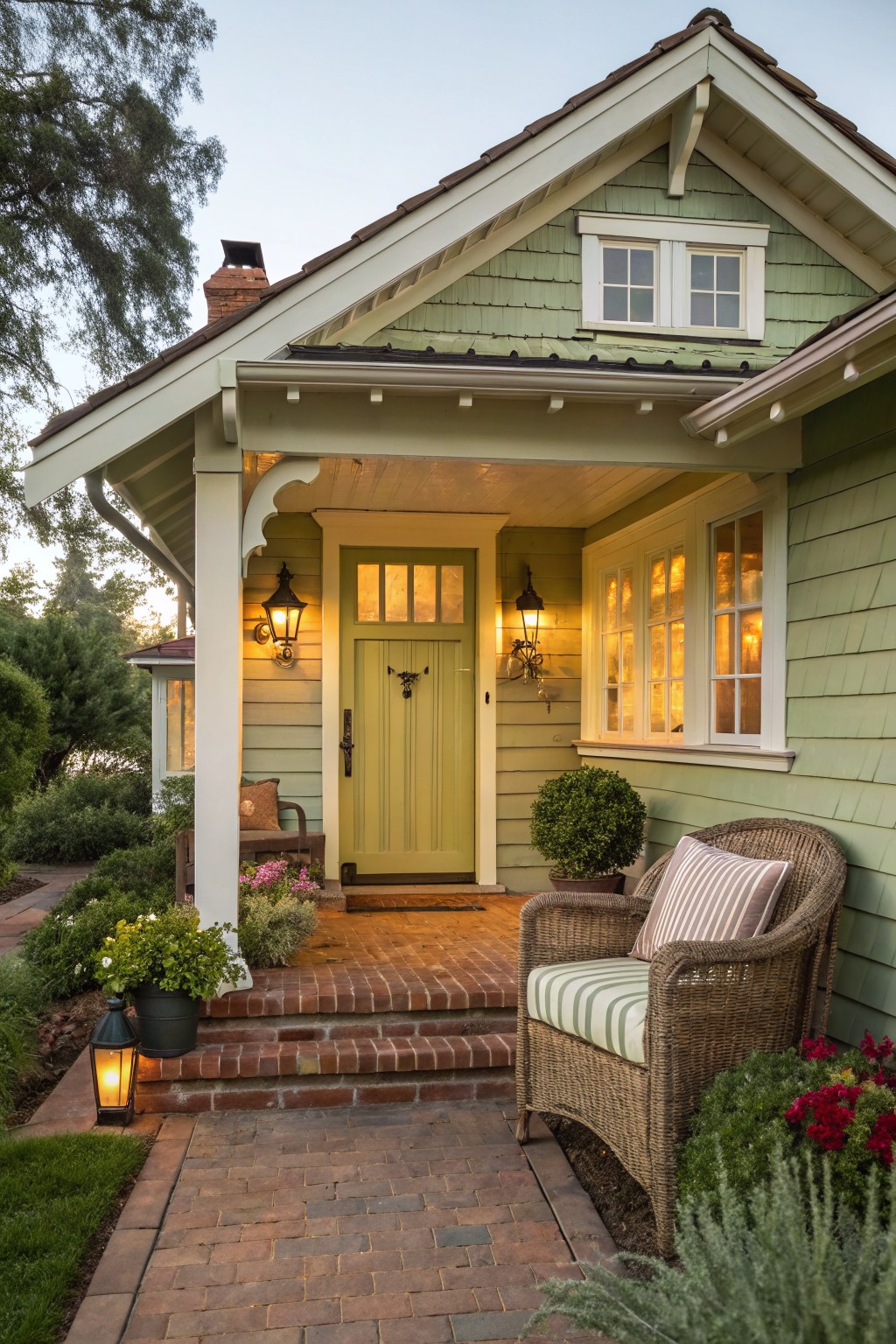 Pale green shingle siding Craftsman bungalow with brighter yellow-green front door, black door knocker, lanterns on porch posts, wicker chair with cushions, brick steps, potted plants, and pathway.