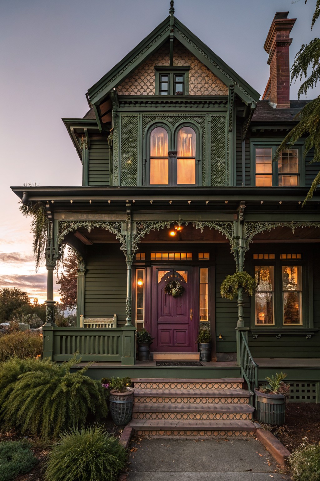 A dark green Victorian house with intricate gingerbread trim, tall arched windows, a purple front door with a wreath, wraparound porch, potted plants, steps, and front garden at dusk.
