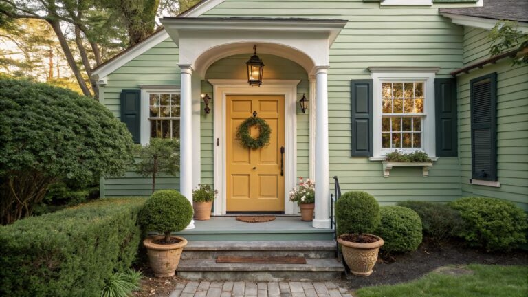 Sage green clapboard house with yellow front door, white porch columns and trim, black shutters, lanterns, wreath on door, boxwood topiaries, and stone path at entry.