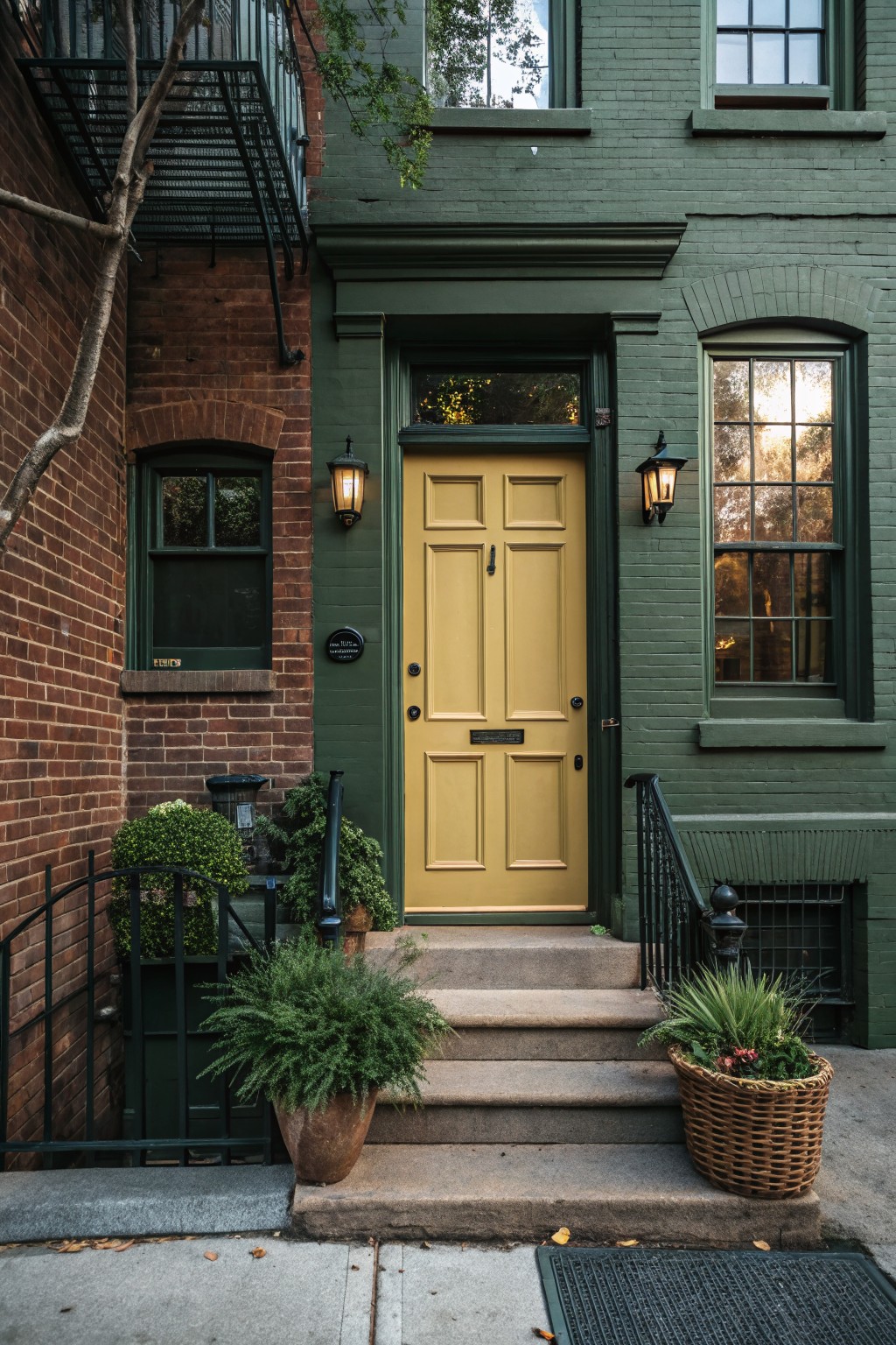 Dark green brick townhouse facade with mustard yellow front door, black lanterns on either side, stone steps, potted plants, and black metal railing.