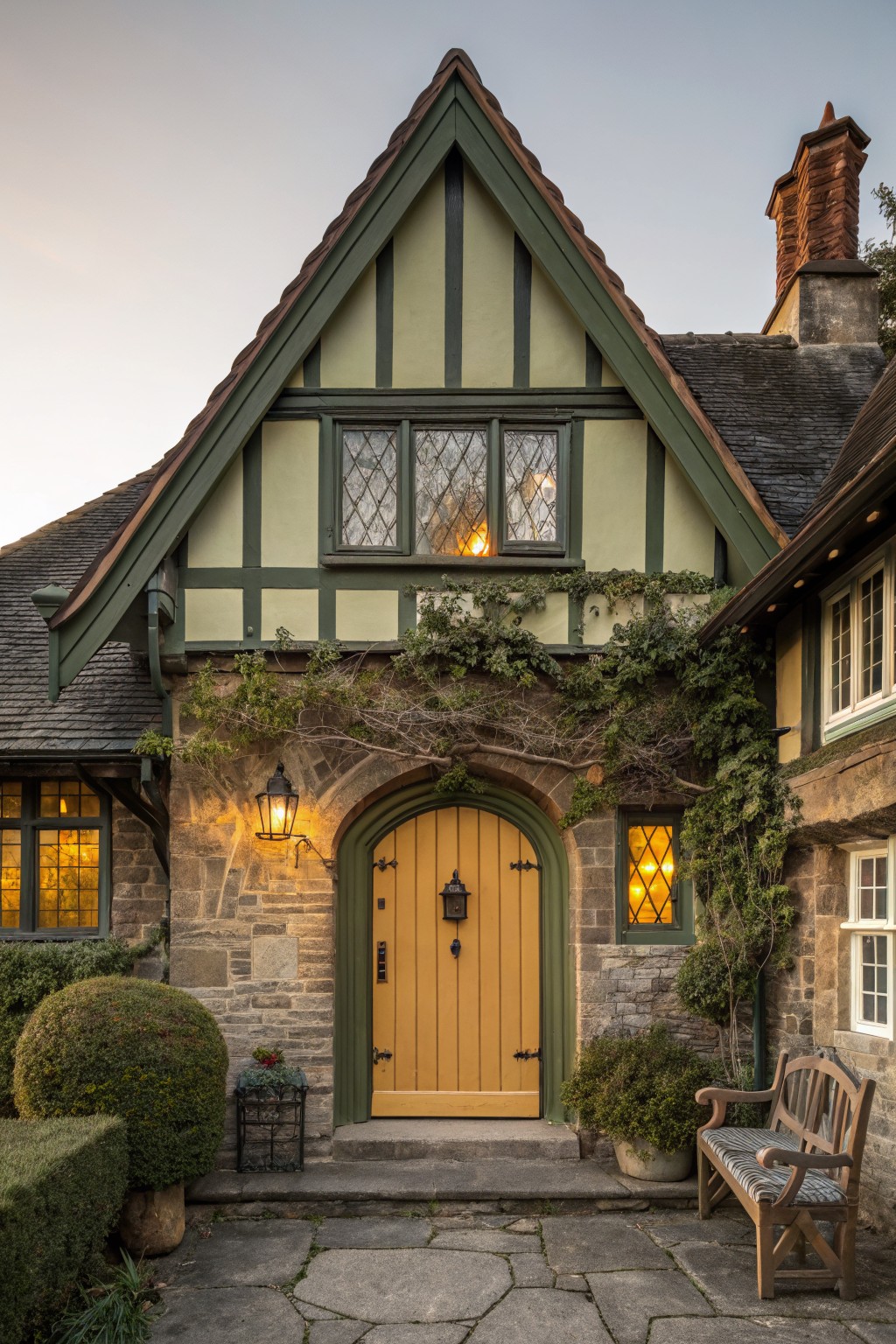 Tudor-style house exterior featuring green and cream timber framing, arched yellow wooden front door with black hardware, stone walls, ivy vines, lanterns, potted plants, and a wooden bench on a stone path at dusk.