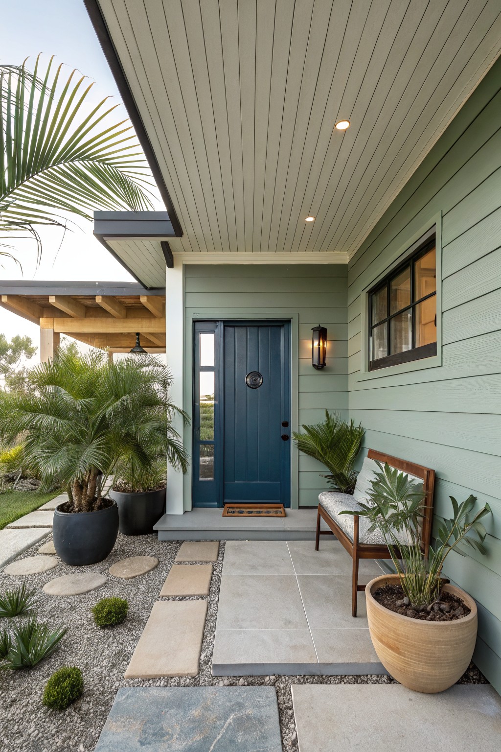 Front exterior of a sage green house featuring a dark navy blue front door with sidelight, wooden bench with plants, potted palms, and a stone pathway leading to the entry.