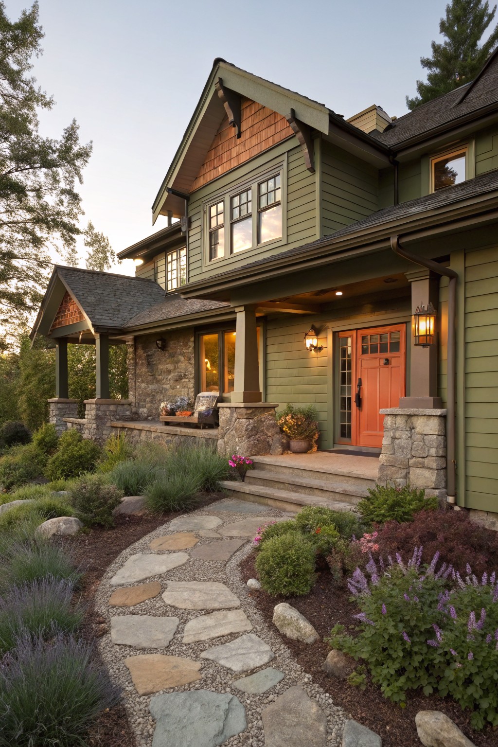 Two-story green house exterior with orange wood front door, covered porch on stone pillars, flagstone path through low shrubs and perennials, evergreen trees in background at dusk.