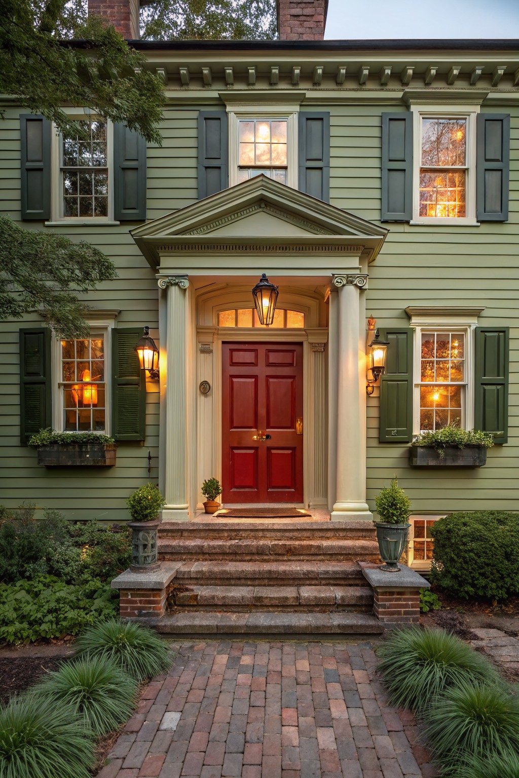 Two-story sage green clapboard house with green shutters, a centered red double front door under a white-columned portico, lanterns on either side, window boxes with plants, brick steps, and low plantings along a brick path at dusk.