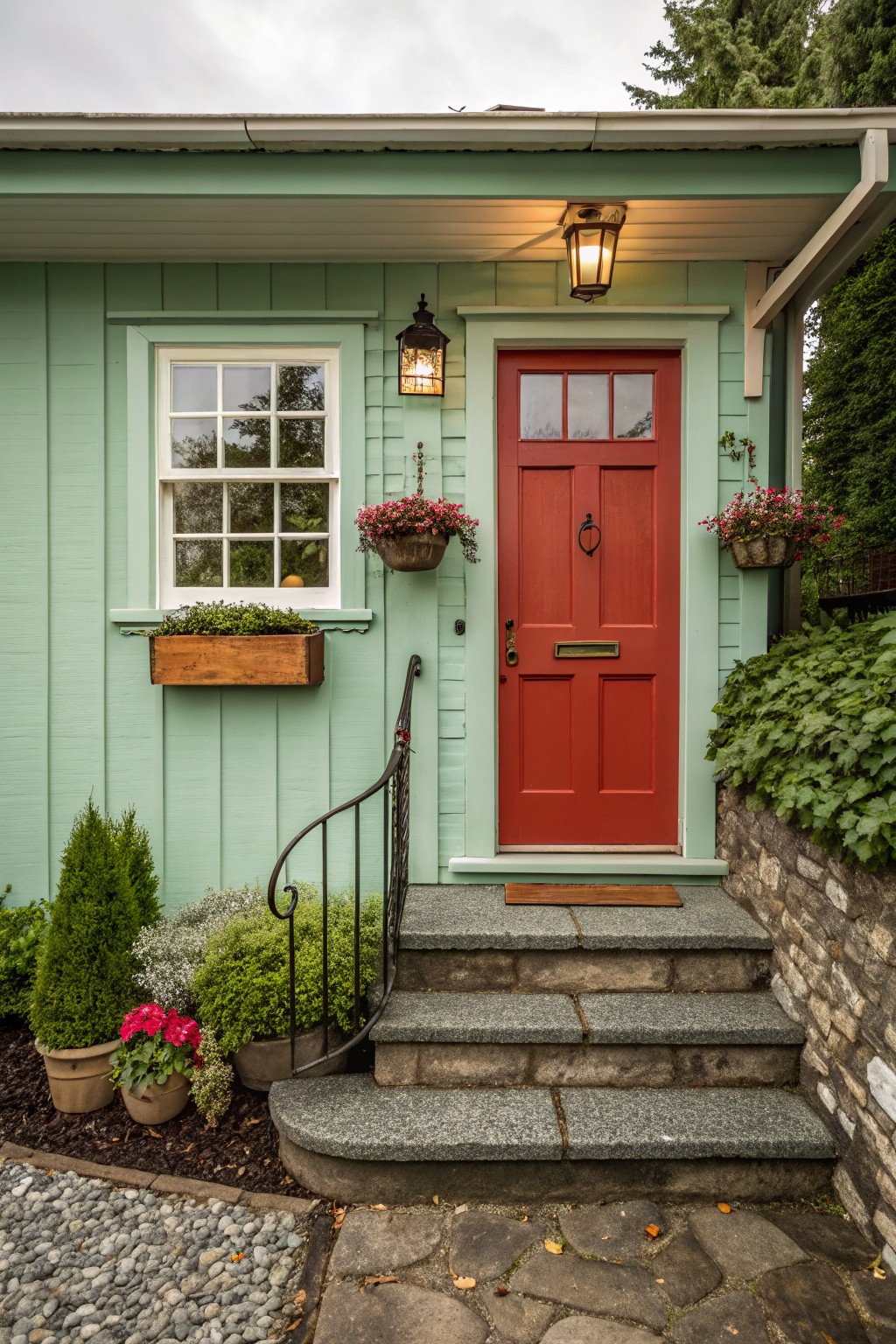 Mint green clapboard house exterior featuring a glossy red paneled front door with brass knocker, flanked by wall lanterns, flower boxes with plants, stone steps with wrought iron railing, and surrounding shrubs and pots.