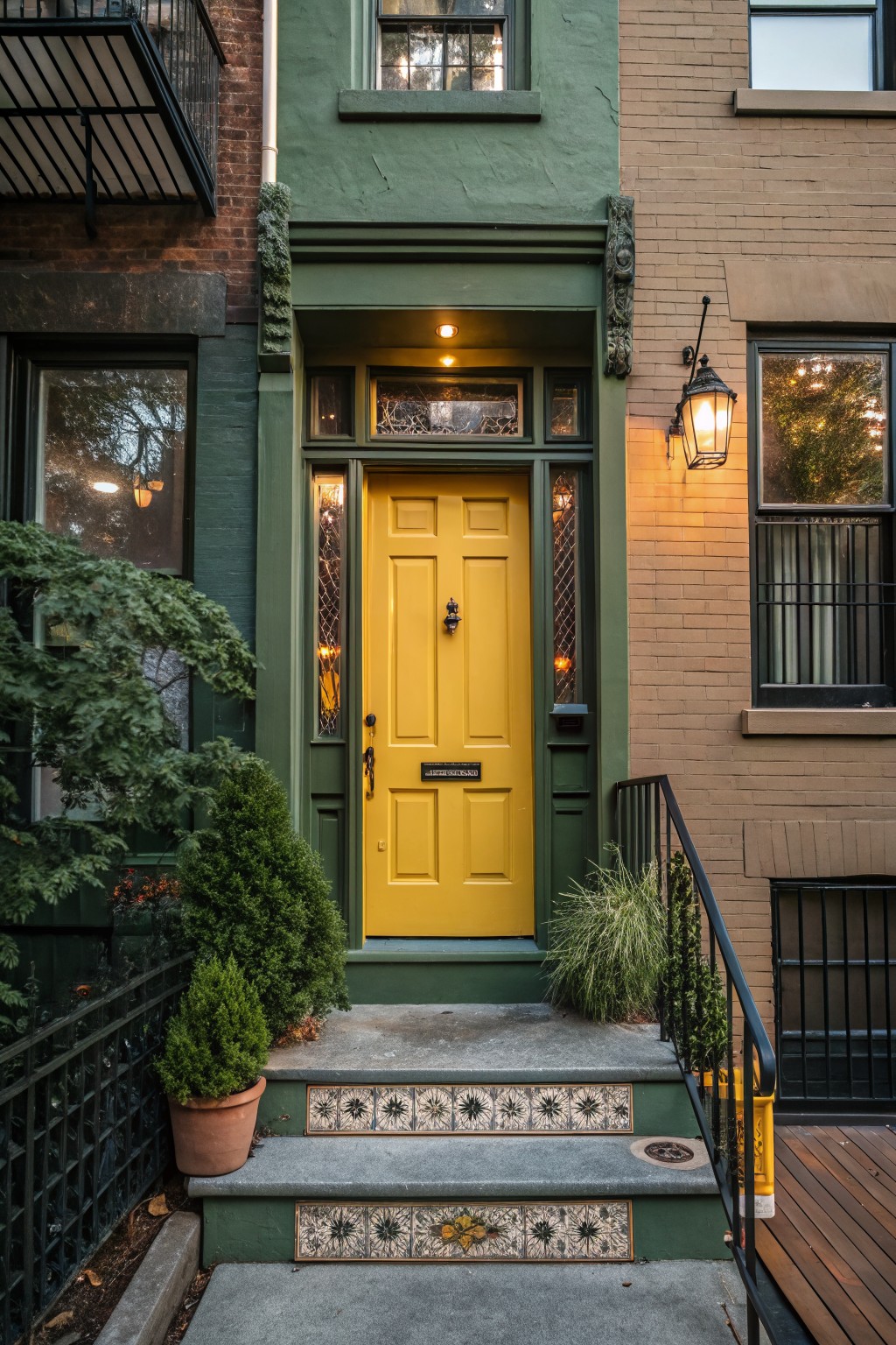 Bright yellow wooden front door with sidelights and brass hardware on a green-painted townhouse facade, flanked by brick walls, tiled entry steps, potted shrubs, and exterior lanterns.
