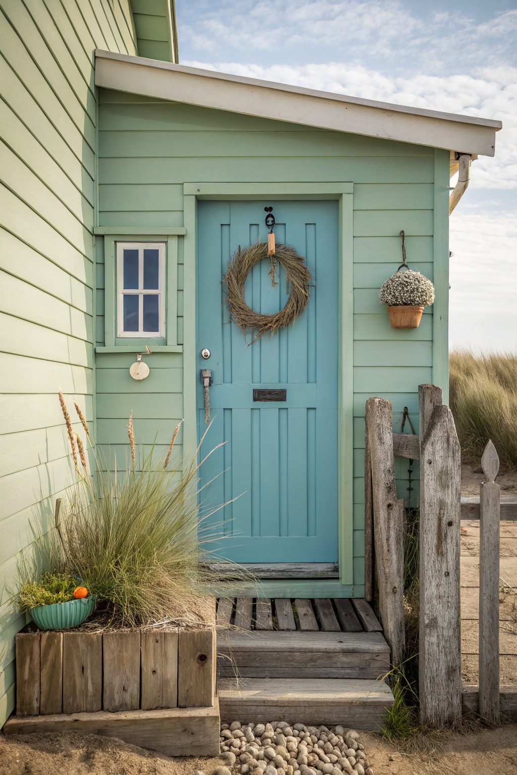 Light green clapboard beach house exterior with turquoise front door, white window beside it, wheat wreath on door, potted beach grass planter, and wooden fence near sand and dunes.