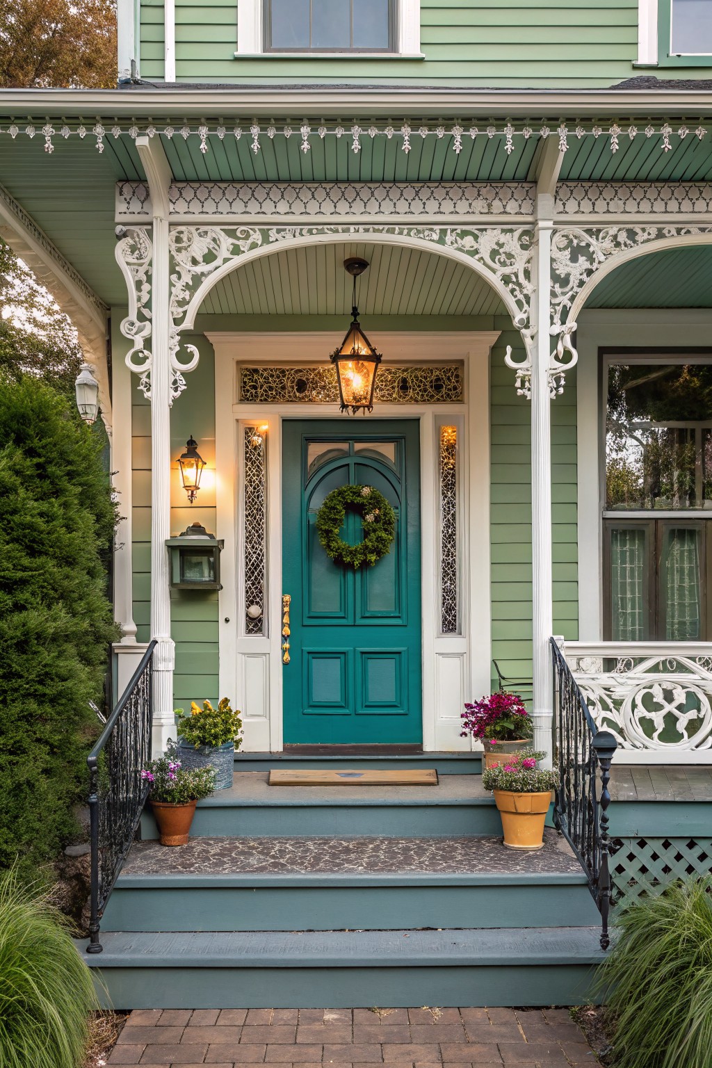 Mint green Victorian-style house with turquoise double front door decorated with a green wreath, white ornate porch brackets, lanterns, potted plants on steps, and brick path.
