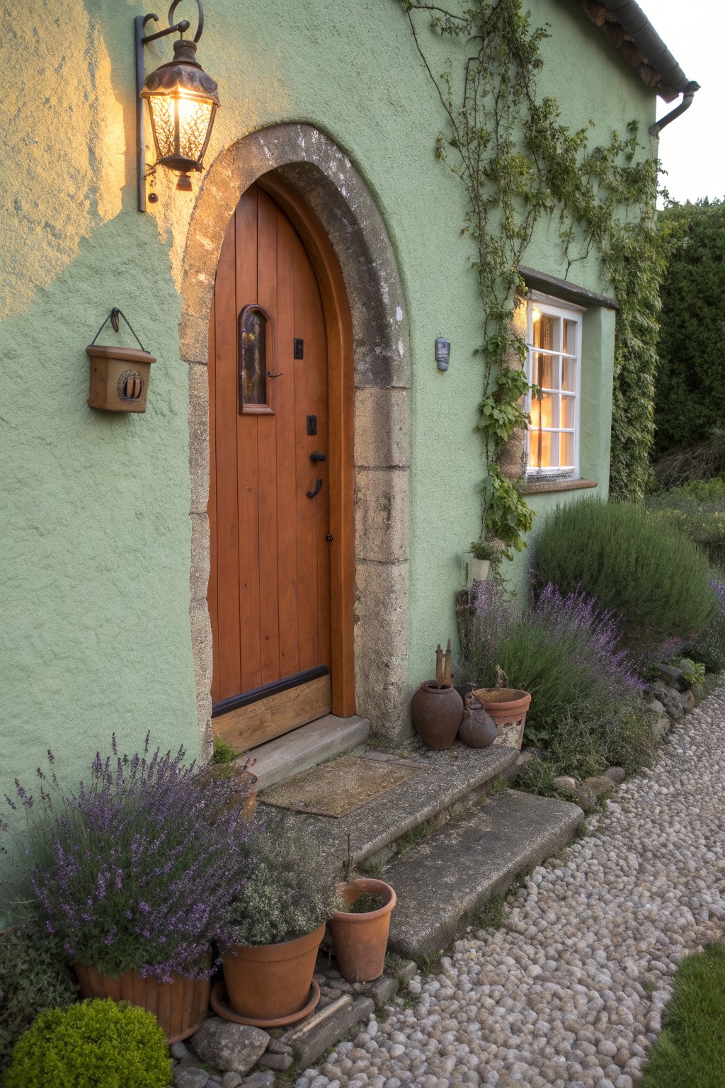 Pale green stucco house exterior with arched wooden front door in stone archway, wall lantern, ivy climbing walls, potted lavender and shrubs, clay pots, and gravel path with steps.