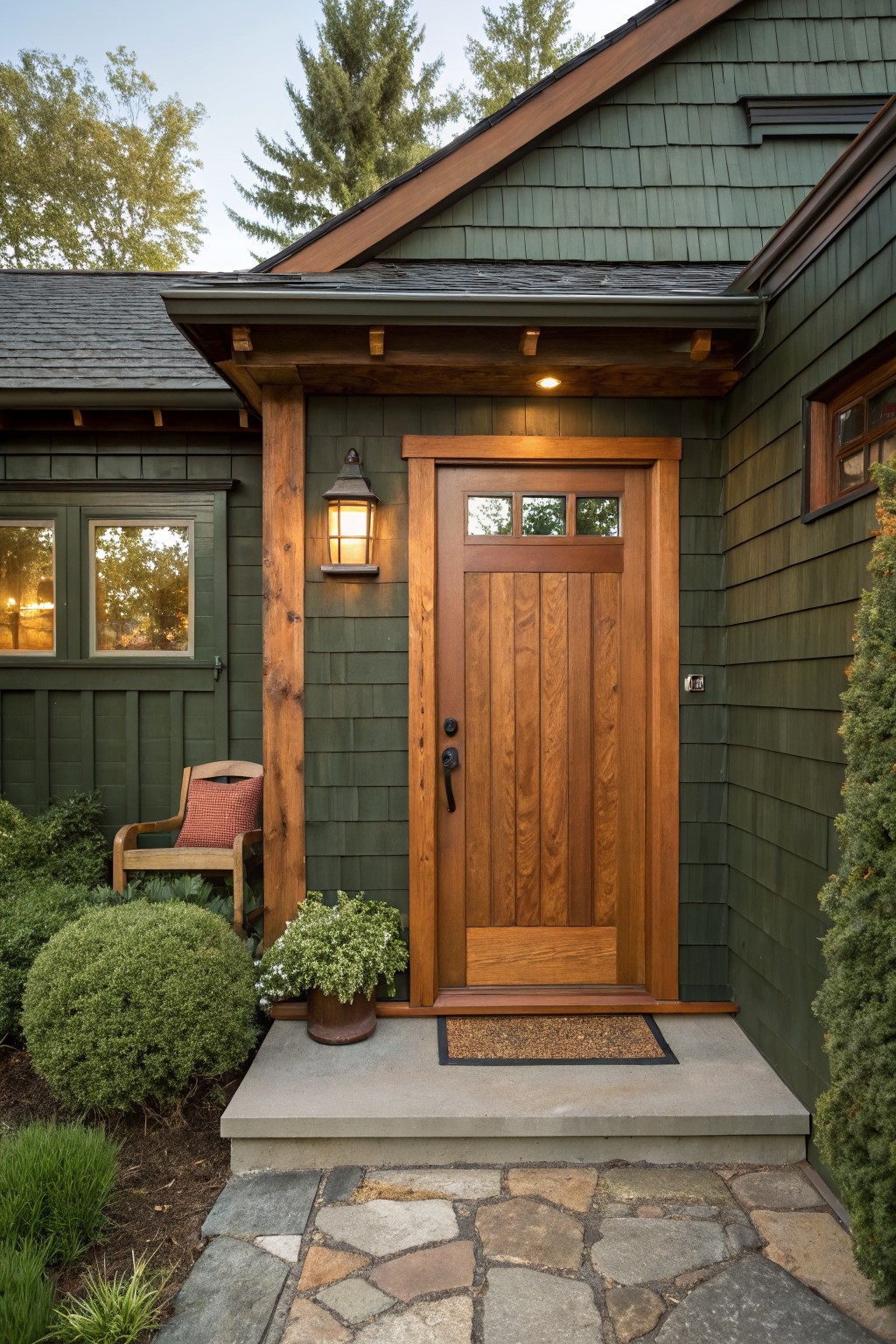 Wooden front door with glass panels and black hardware on a dark green shingled house exterior, with a wall lantern light, potted plant, chair, and stone pathway leading up.