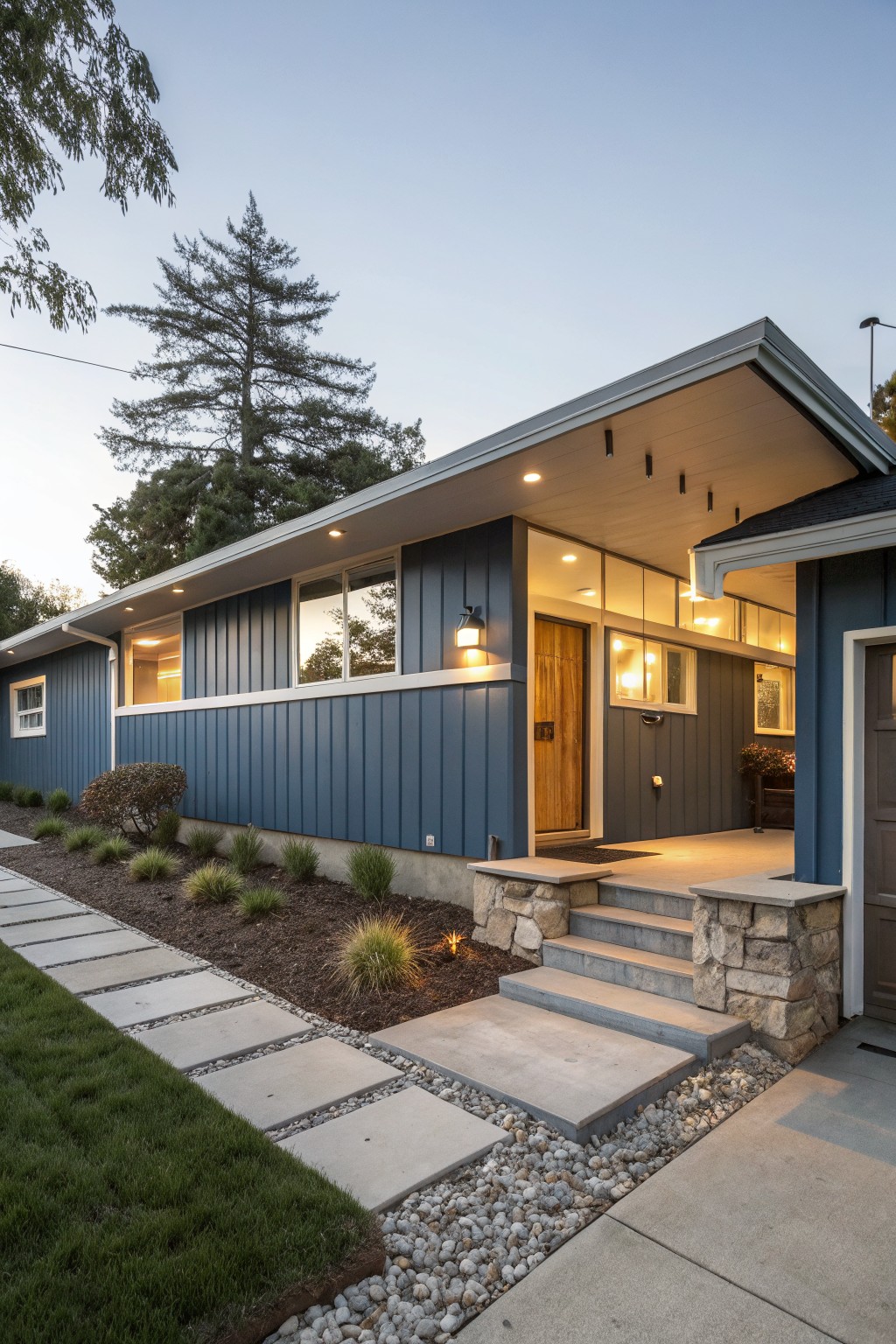 Side exterior view of a dark blue vertical plank house with horizontal white trim bands, white-framed windows, wooden front door, lit entry steps made of stone, and gravel landscaping beside a concrete path at dusk.