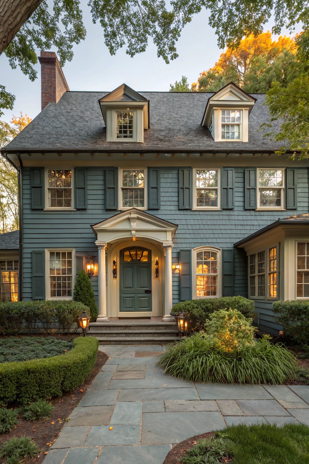 Two-story blue shingle house with cream trim, green front door, white portico, flanked windows, and stone entry path surrounded by shrubs and lanterns at dusk.