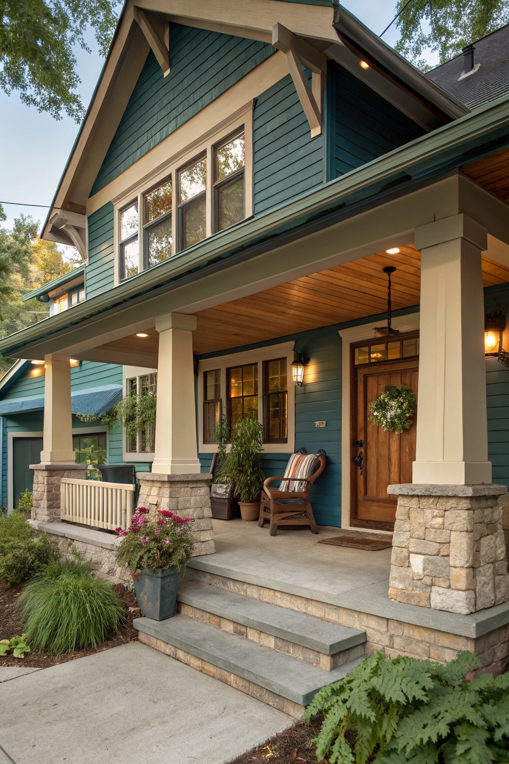 Two-story house exterior with deep teal blue horizontal siding, creamy white trim around windows and gables, covered front porch supported by creamy columns on stone bases, wooden front door with wreath, Adirondack chair, potted plants, and surrounding landscaping.