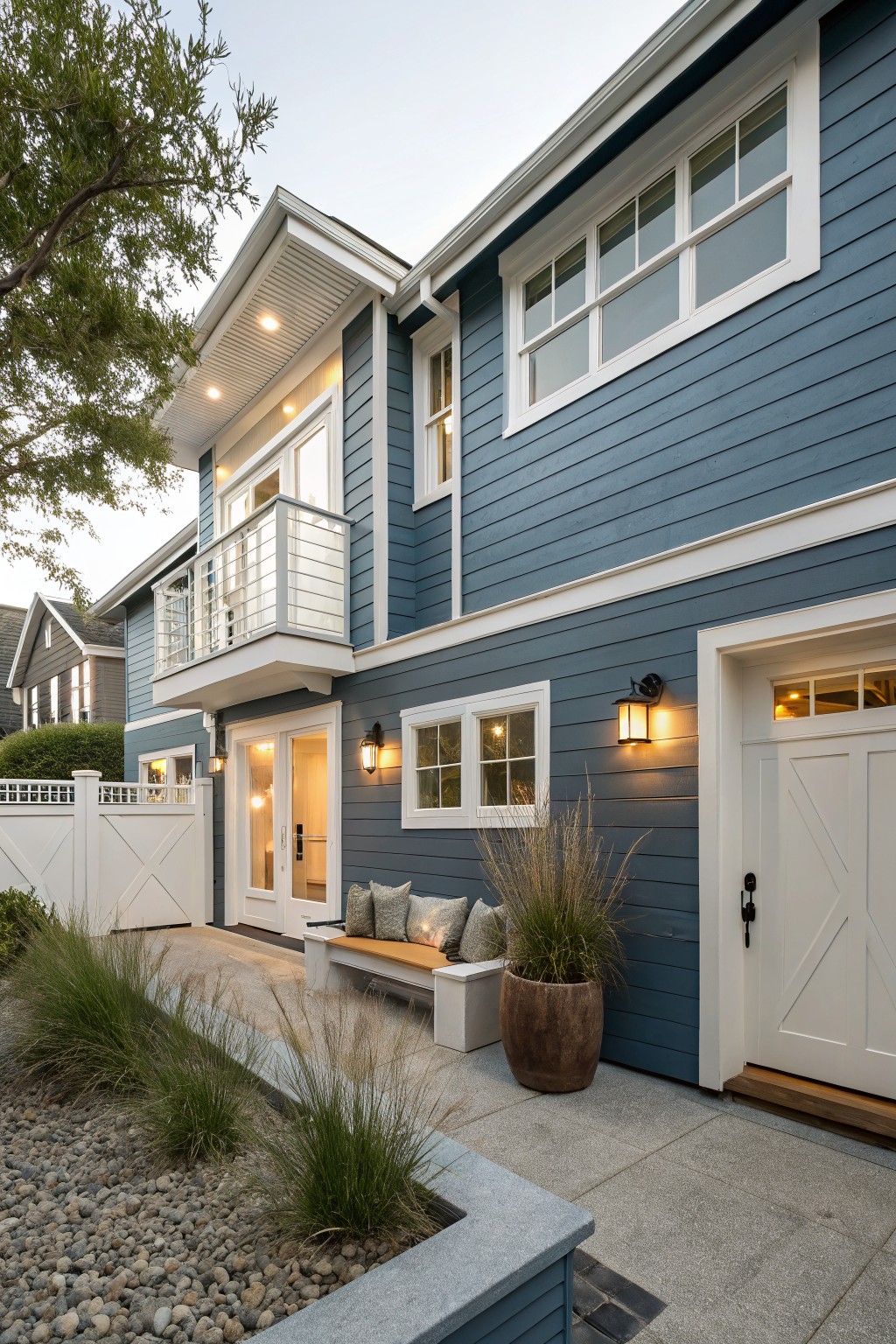 Side view of a two-story blue house with white trim, featuring a white garage door, balcony railing, entry door, bench seating, potted plants, and gravel landscaping.