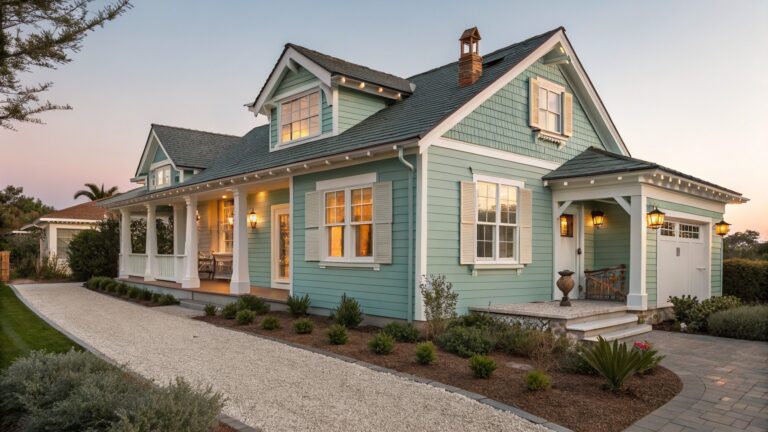 18 Exterior Trim Colors for Blue Houses That Add Polish Two-story light turquoise house with white trim, wraparound front porch supported by columns, wooden entry door with lanterns, gravel driveway, stone paths, and low plantings around the base.