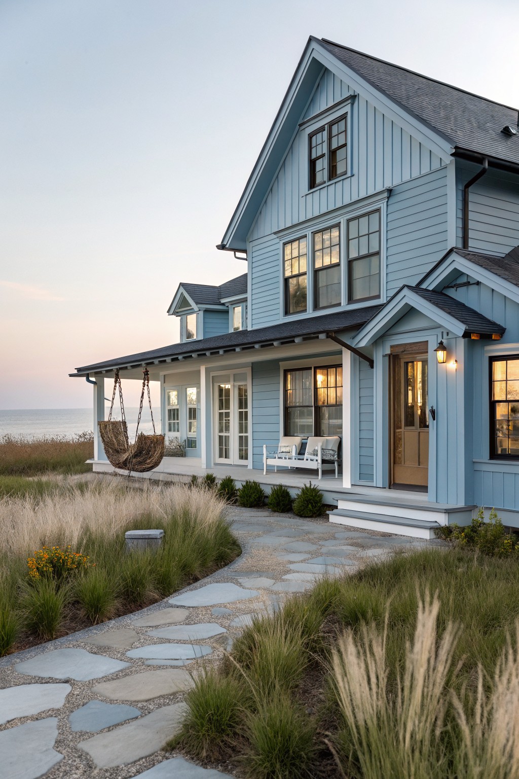Light blue clapboard house with dark roof, natural wood front door, white porch benches, hanging rope swing, and stone path through tall grasses toward the ocean.