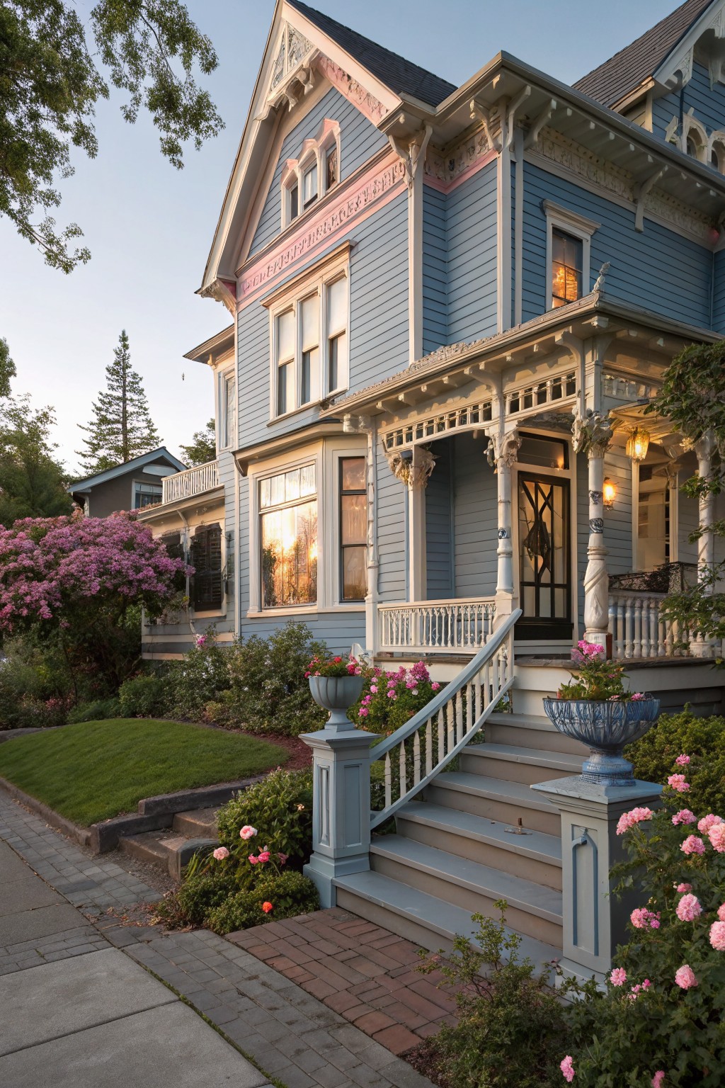 A two-story blue Victorian house with pink trim accents on eaves and upper facade, white ornate porch and columns, steps flanked by urns and pink roses, purple flowering trees, and lawn in a residential yard at dusk.