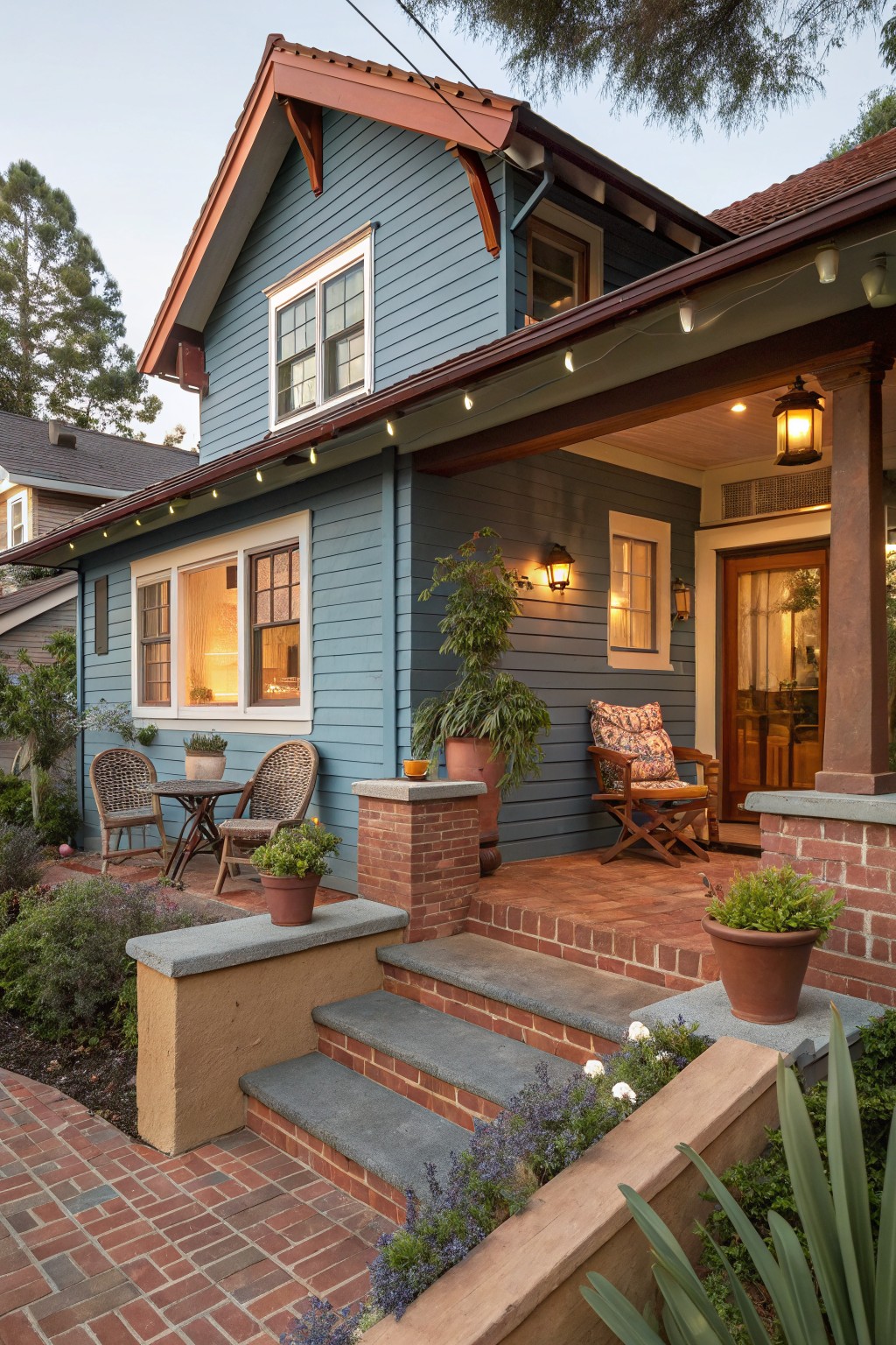 Blue shingle-style house with warm red trim on roof eaves and gables, covered front porch with wicker chairs and potted plants, brick steps, and surrounding landscaping at dusk.