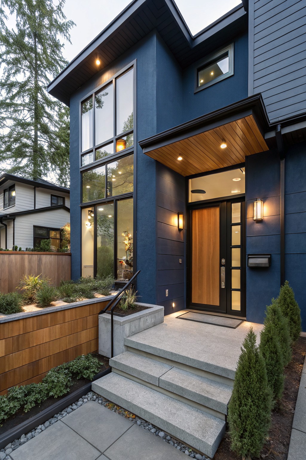 Navy blue modern house exterior with vertical siding, large multi-pane windows, cedar shingle accents at the base and overhang, wood pivot door, concrete entry steps, low shrubs, and pathway lighting.