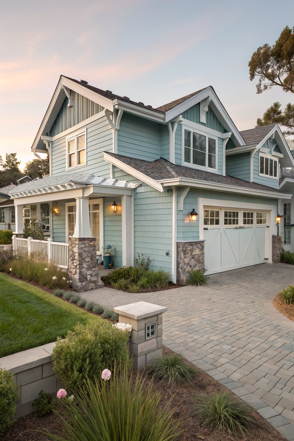Two-story house painted soft blue with white trim, shake gable siding, covered front porch, white garage door flanked by stone pillars, and front landscaping on a paved driveway at dusk.