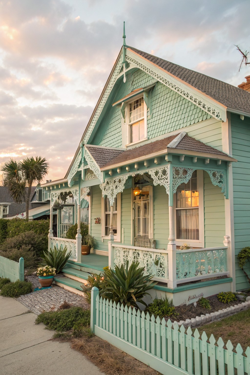 Mint-green Victorian house with white gingerbread trim, covered porch, potted plants, and matching picket fence in front yard at dusk.