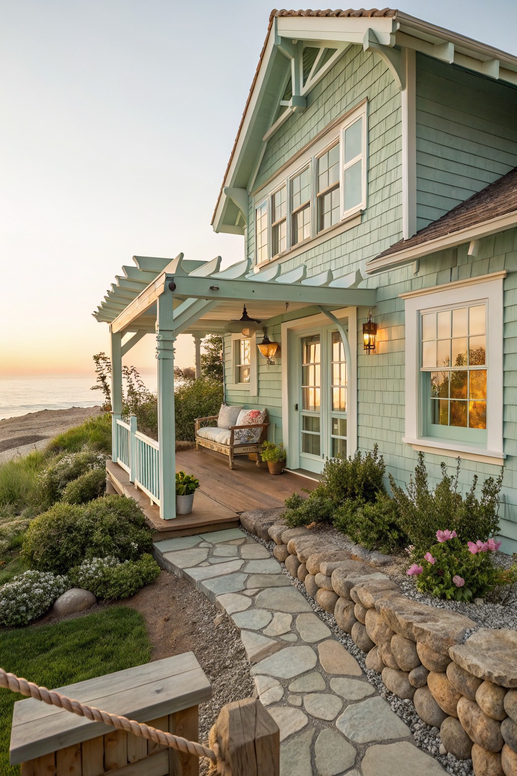 Mint green shingle-style house with white window and door trim, covered porch with bench and lanterns, stone pathway, low landscaping, and ocean view at sunset.