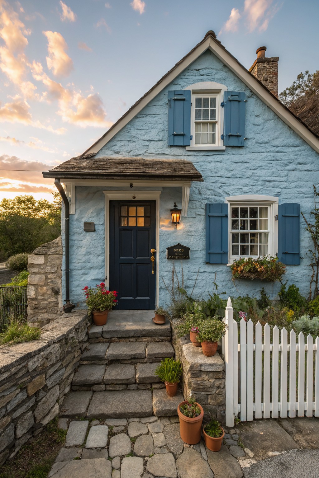 Blue painted stone cottage exterior with dark wood front door, blue shutters on windows, stone foundation and steps, potted plants, flower boxes, and white picket fence.