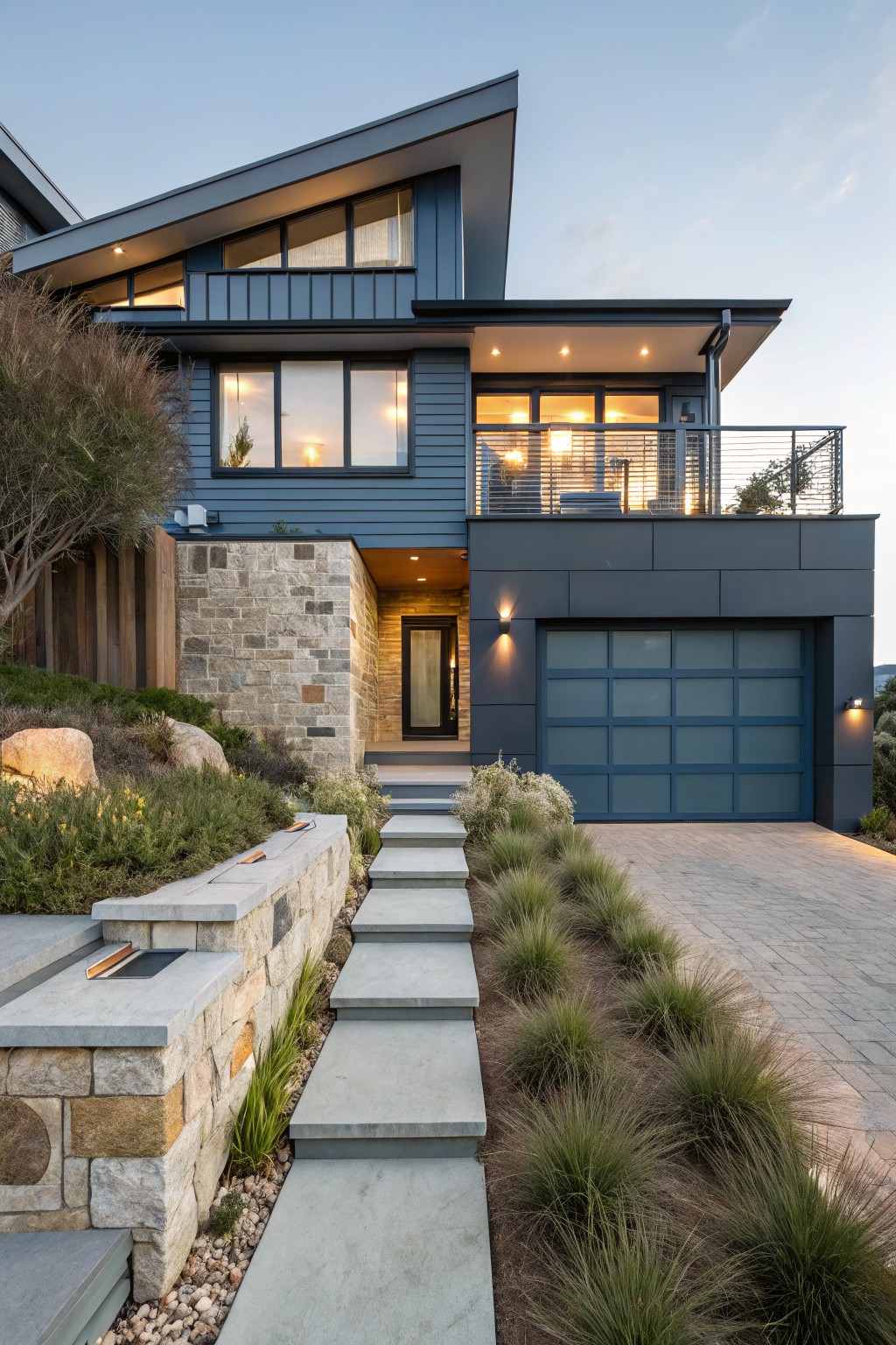 Modern two-story house with dark blue siding, angular roofline, stone veneer base wall and accents, frosted blue garage door, concrete steps leading to entry, paver driveway, grasses and rocks in landscaping on a hillside at dusk.