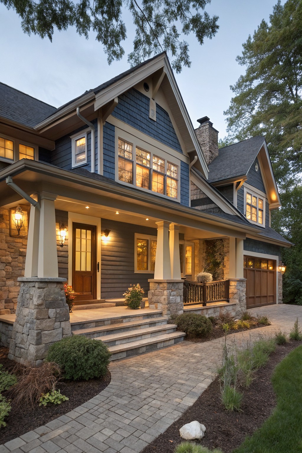 Two-story blue shingle-style house exterior at dusk with stone veneer porch columns and bases, wooden front door, large windows, attached garage, paver walkway, and surrounding landscaping and trees.