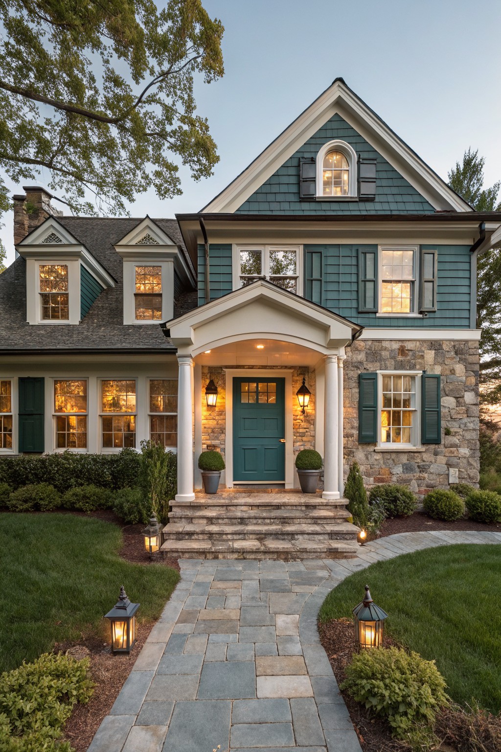 Two-story house exterior in teal blue shingles with white trim, stone veneer at the base and entry porch, green front door, boxwood planters, stone steps, bluestone pathway, and lawn landscaping at dusk.