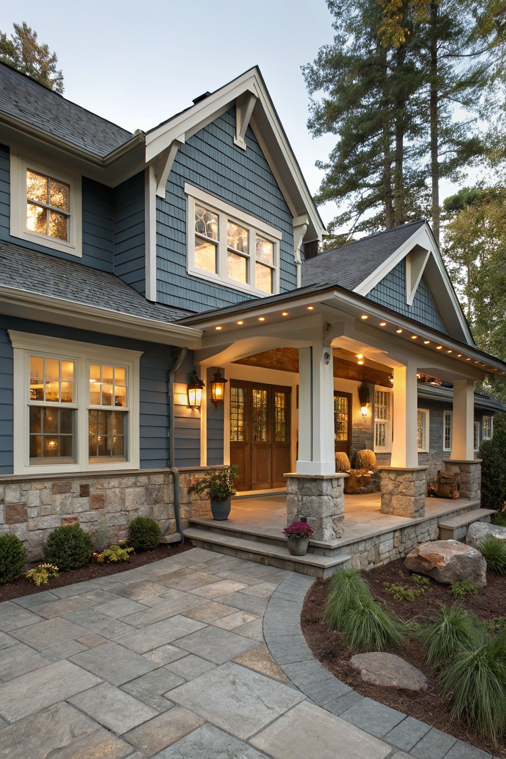 Two-story house exterior with blue shingle siding, white trim, stone veneer base and porch columns, covered entry porch with wood door, potted plants, and curved stone paver pathway surrounded by landscaping and trees.
