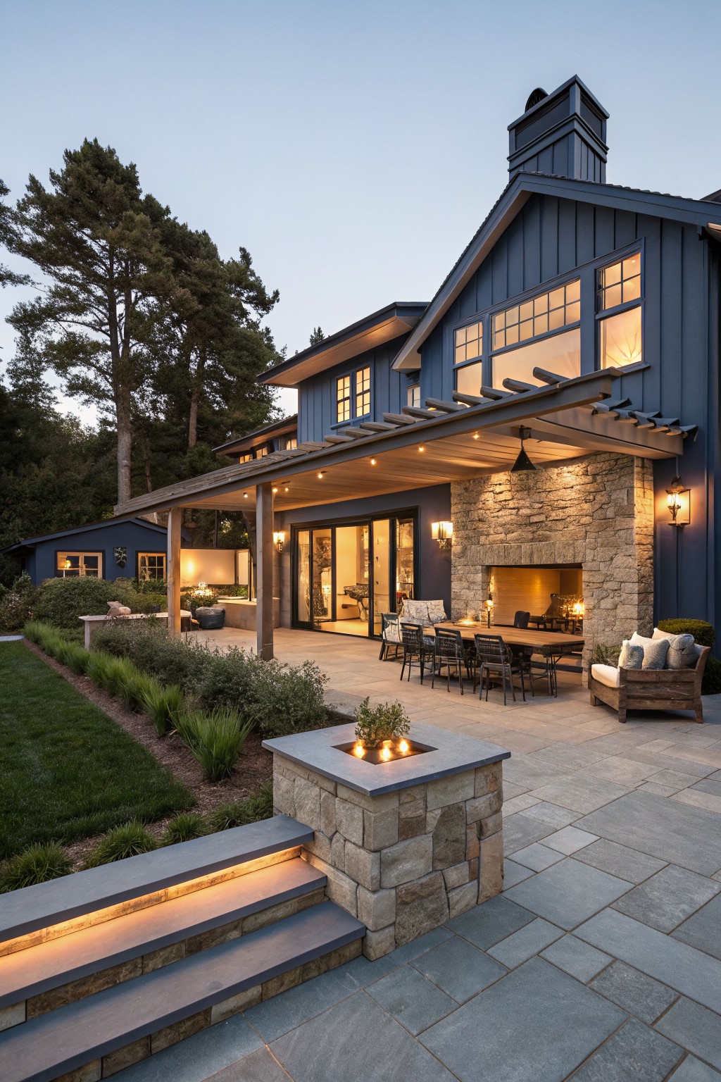 Rear exterior of a two-story dark blue clapboard house at dusk with a covered patio, stone outdoor fireplace, dining table with chairs, potted plants, steps, and surrounding pine trees and lawn.