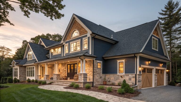 Two-story house with dark blue shingle siding, light stone veneer on chimney, entry porch columns and base, wraparound porch with steps, lit windows, gravel path and landscaping at dusk.