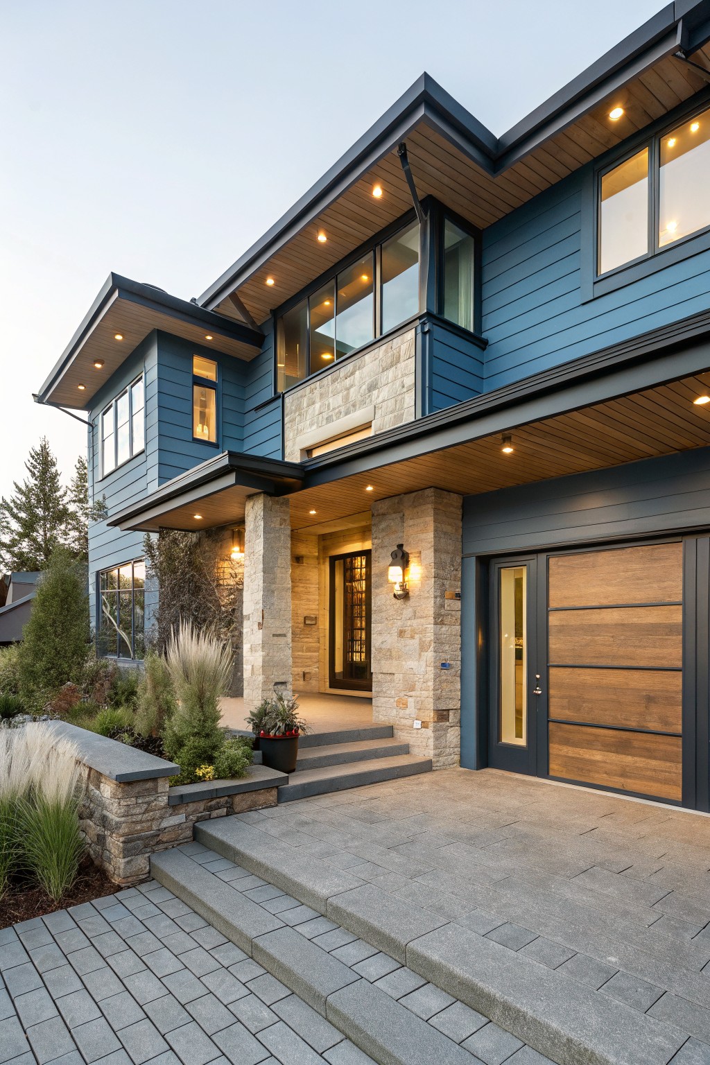 Front exterior of a two-story house with blue horizontal siding, light stone veneer on pillars and entry arch, dark wood garage door, concrete steps, and low landscaping with grasses.