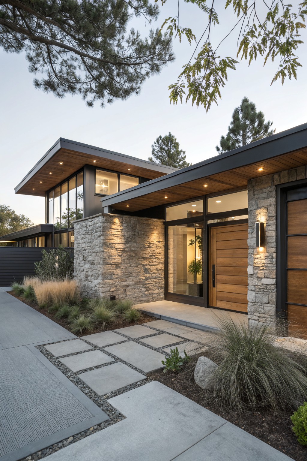 Contemporary house exterior with stacked gray stone veneer walls around a wooden entry door, large glass windows, wood ceiling overhang, black metal accents, concrete pathway, and surrounding ornamental grasses and pine trees.