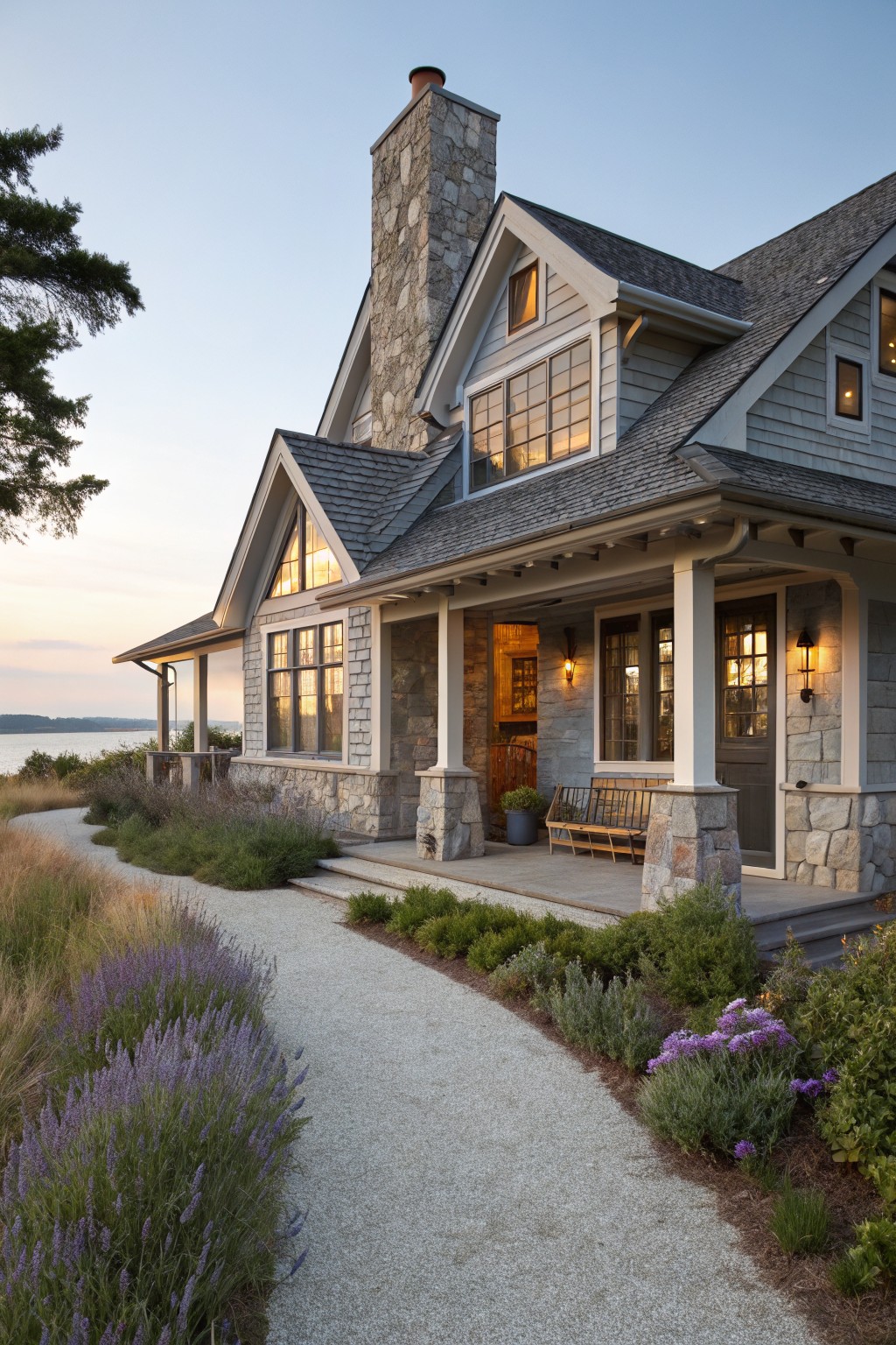 Gray shingle-style house exterior with tall stone chimney, covered porch supported by stone pillars, wooden bench, gravel path lined with lavender and grasses, and water view at dusk.