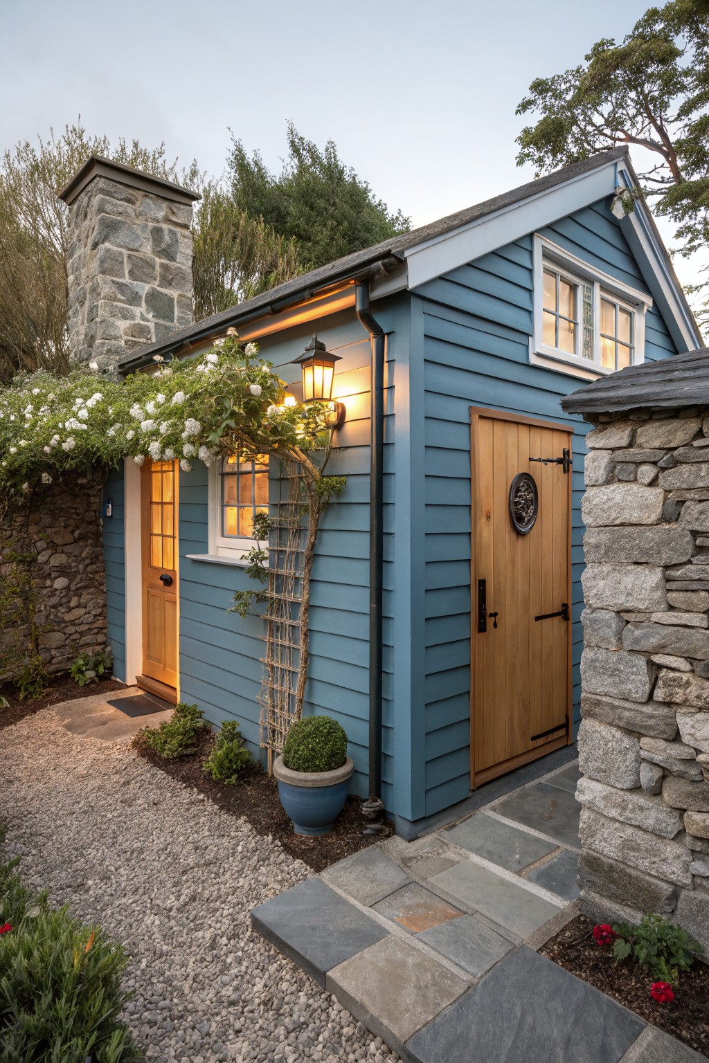 Small blue clapboard house exterior with tall gray stone chimney, wooden doors, white climbing vines on trellis, lantern light, stone walls, gravel path, and potted plants.
