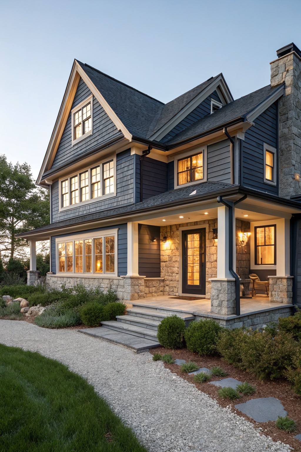 Two-story house with dark blue shingle siding, light stone veneer on chimney, entry porch columns and base, wraparound porch with steps, lit windows, gravel path and landscaping at dusk.