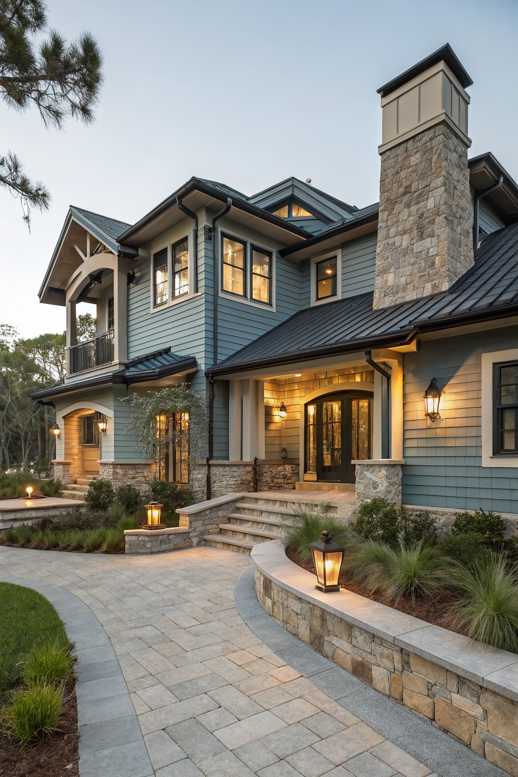 Two-story house exterior with blue shingle siding, tall gray stone veneer chimney and entry accents, black metal roof, arched front door porch, curved paver walkway with stone edging, landscaped beds, and lantern lights at dusk.