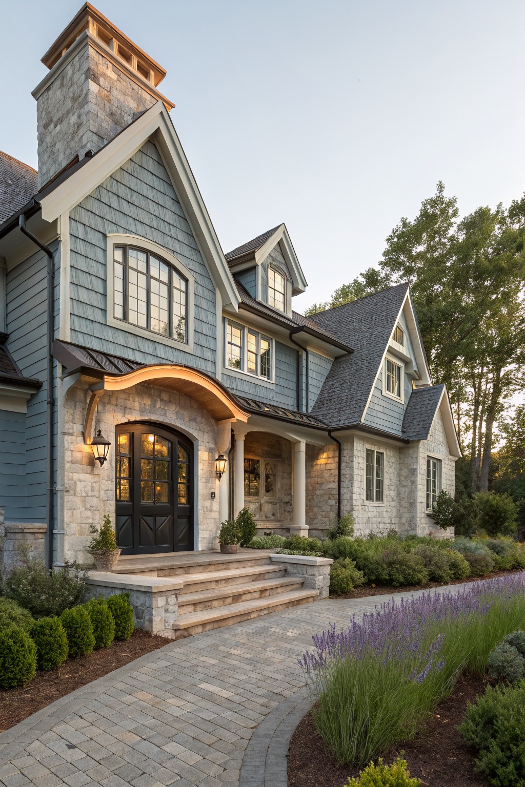 Two-story blue shingle house exterior with light stone veneer arched entryway, black door, copper lanterns, stone steps, and curved brick pathway edged by lavender and shrubs.