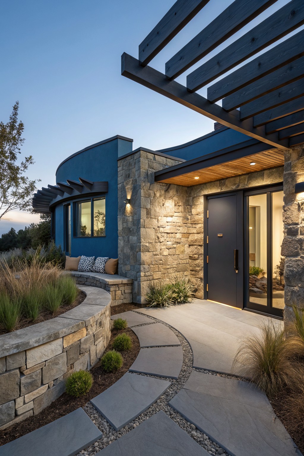 Exterior of a blue curved wall house with stone veneer cladding around the black front door and glass sidelight, wood pergola overhead, built-in bench on stone wall, and curved stone pathway.