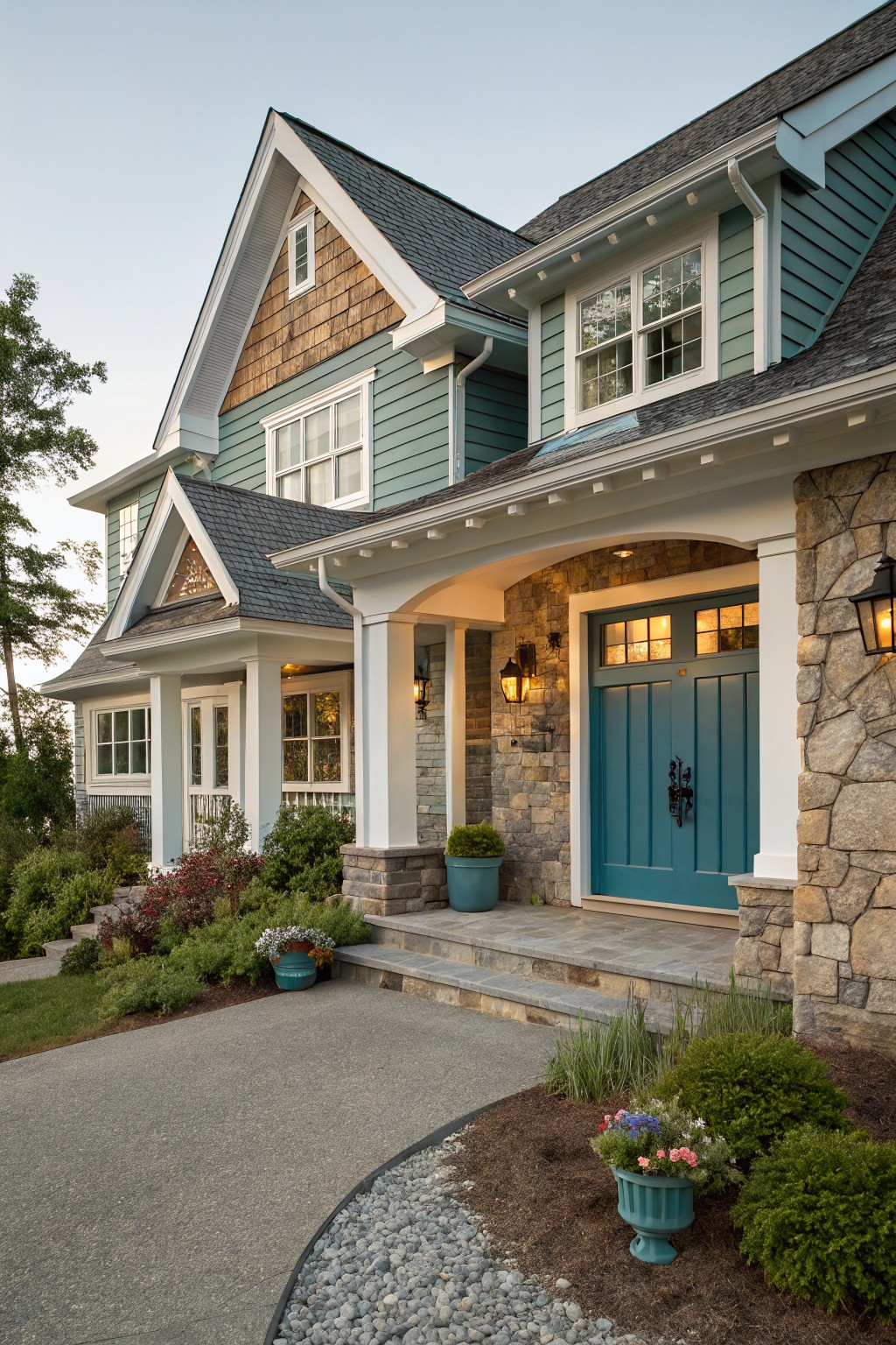 Blue shingle-style house exterior featuring stone veneer accents on entry pillars and wall, teal double front doors, white porch columns, and landscaped approach with plants and gravel edging.
