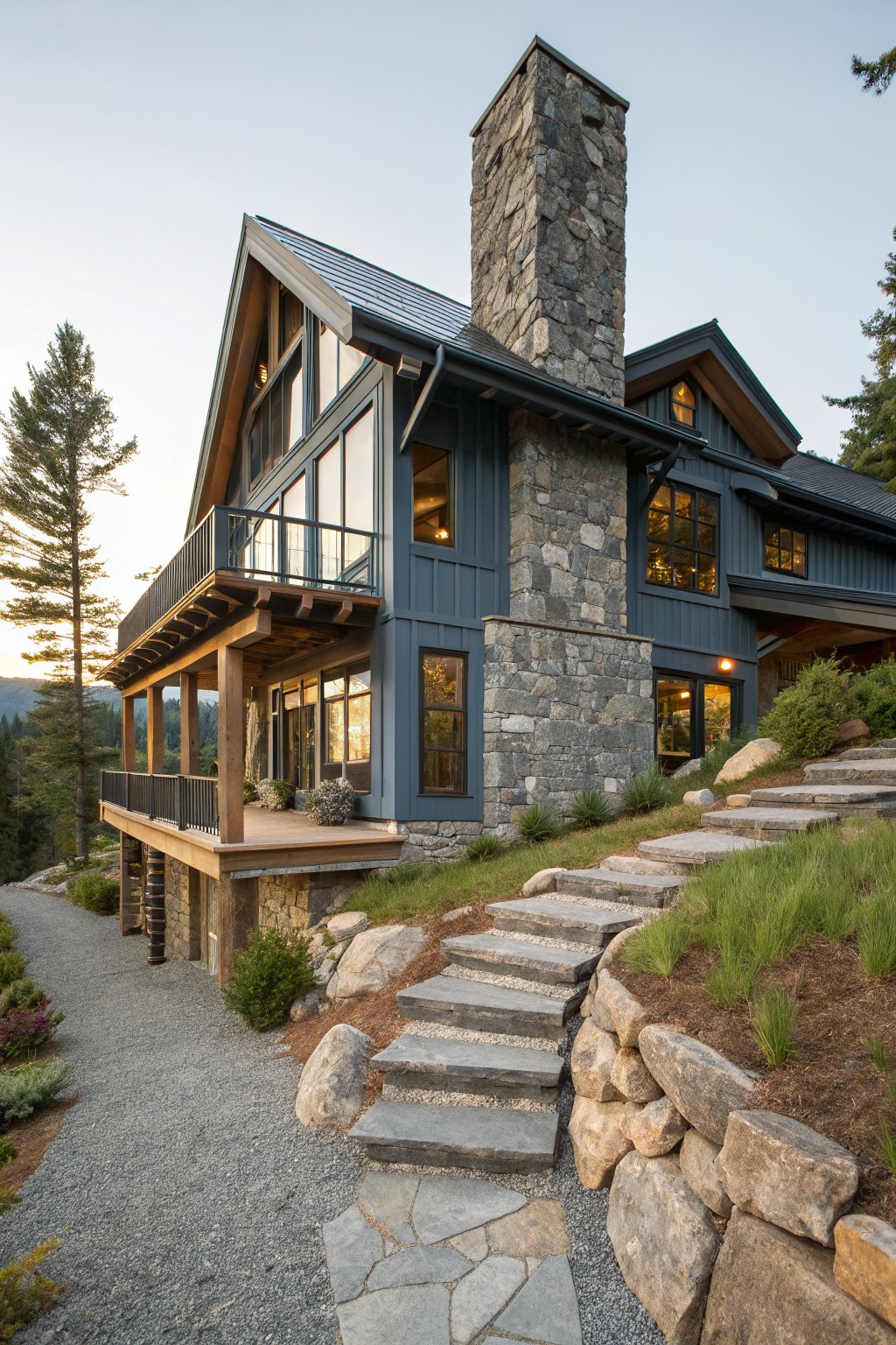 Blue wood-sided house exterior with tall stacked stone chimney, wooden balcony with railing, large windows, stone foundation and steps, gravel path, boulders, and surrounding trees on a hillside.