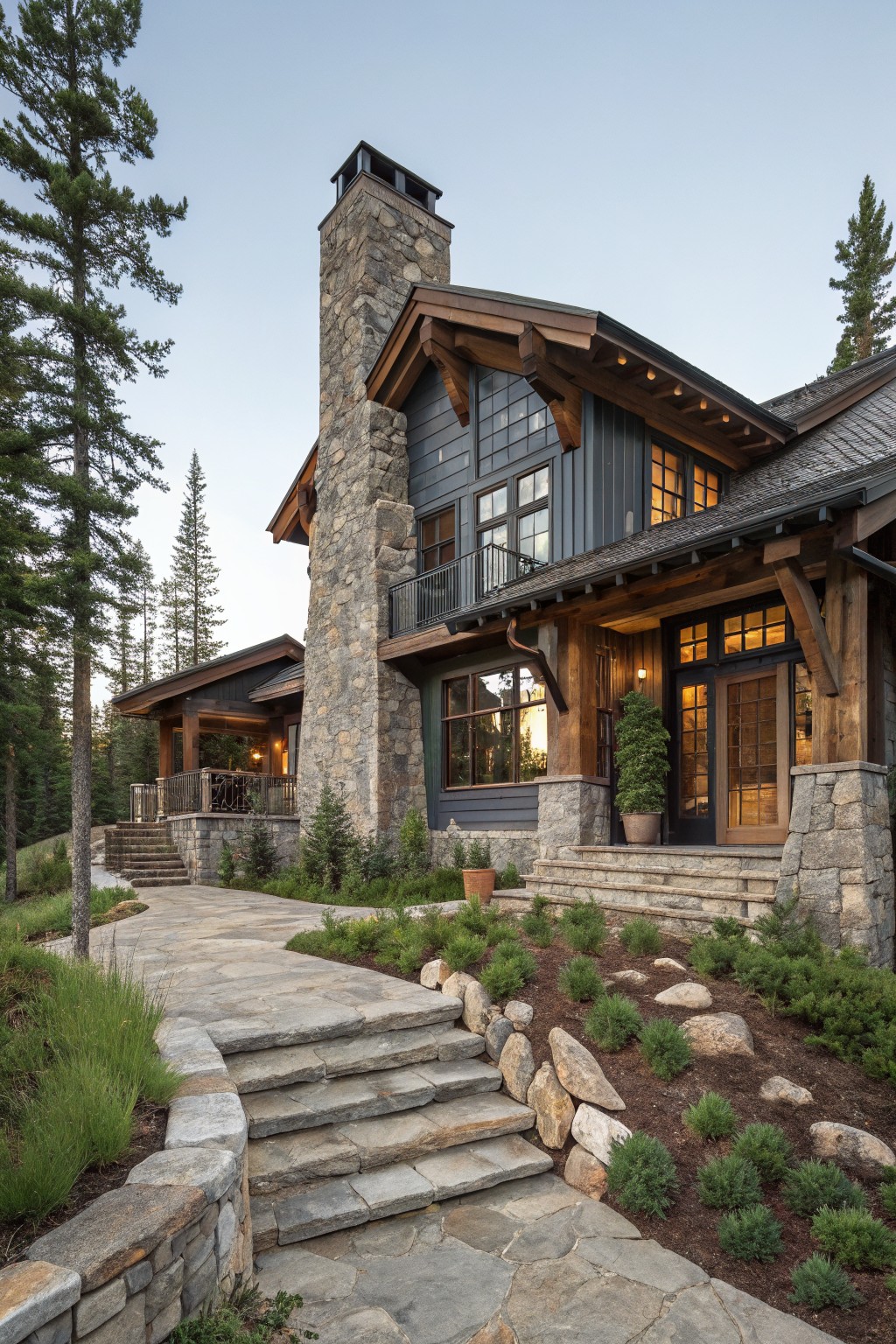 Stone Veneer Chimney on Blue Siding
