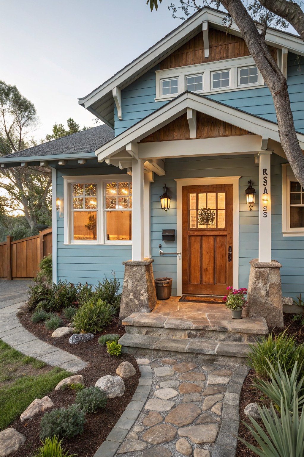 Light blue Craftsman-style house exterior featuring a wooden front door with glass panels, stone veneer on porch pillars and steps, lanterns on posts, and surrounding landscaping with a stone pathway.