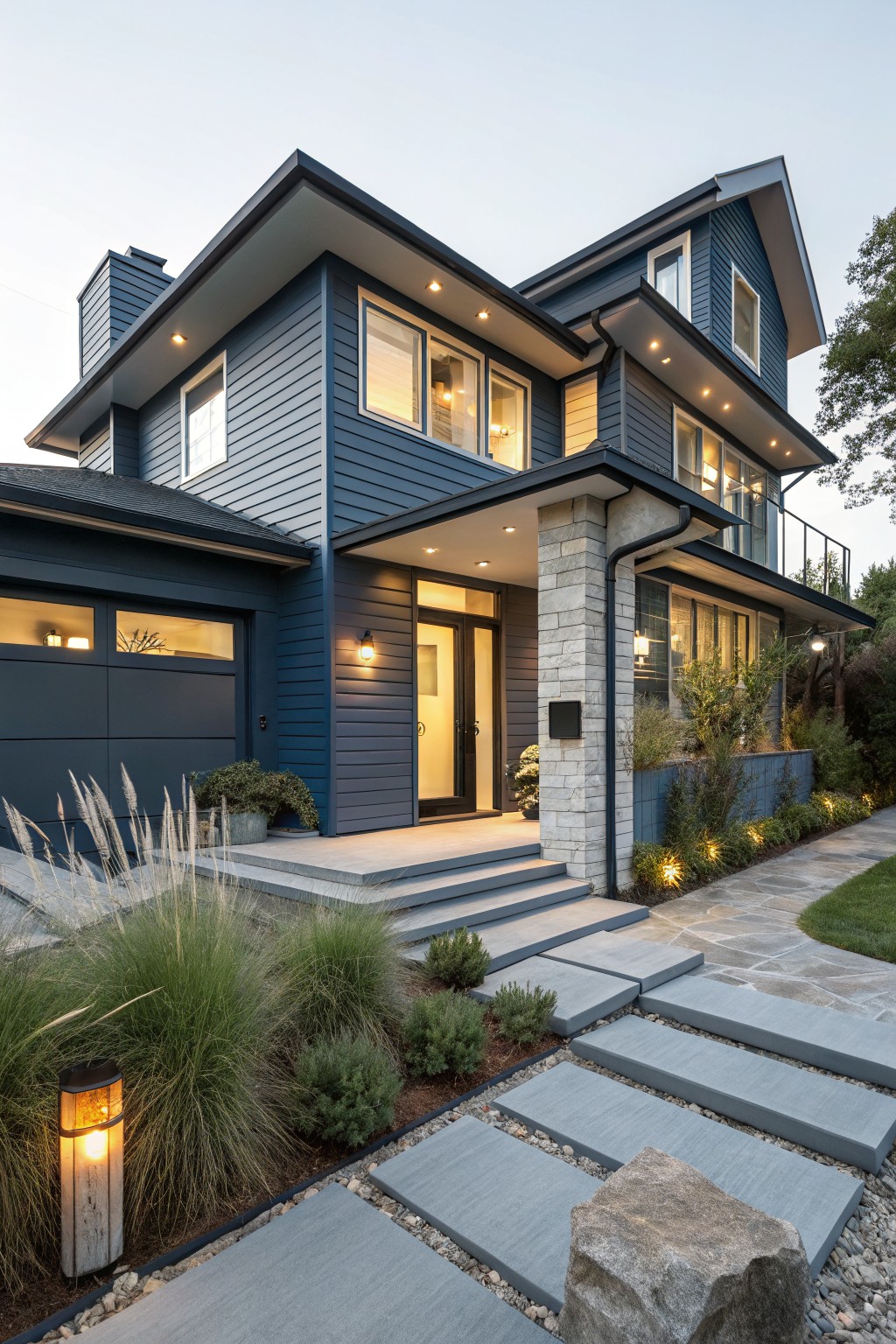 Stone Veneer Pillar Frames the Entry