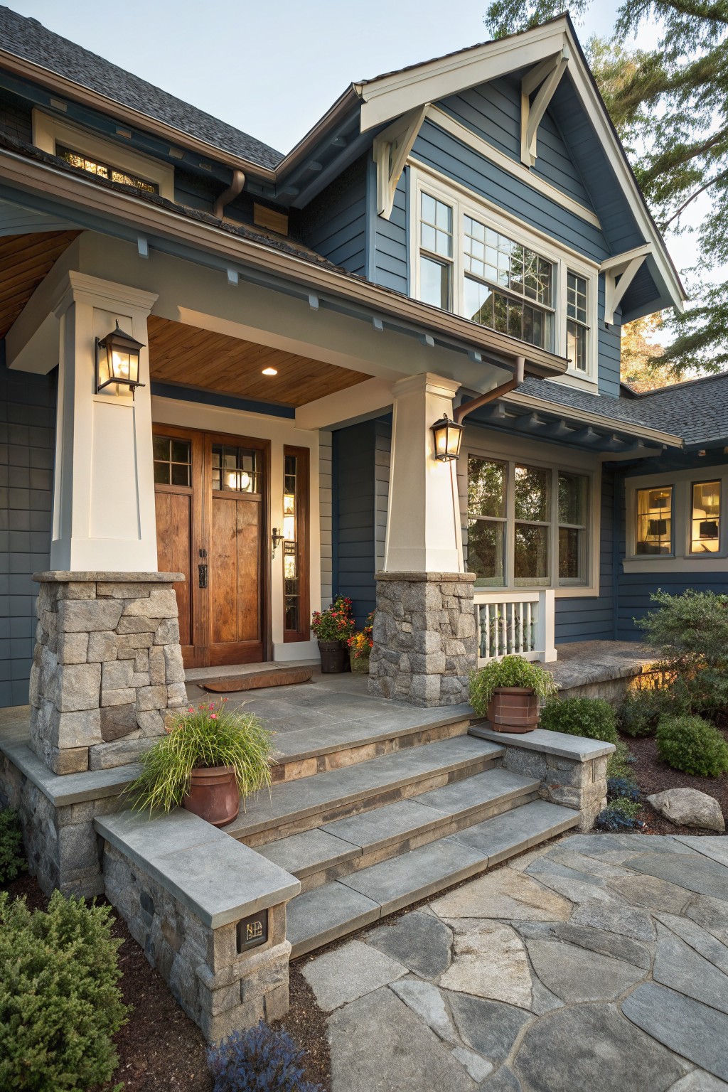 Front exterior of a blue Craftsman-style house with tapered stone veneer pillars supporting the porch, wooden double doors, lanterns, potted plants, and stone steps.